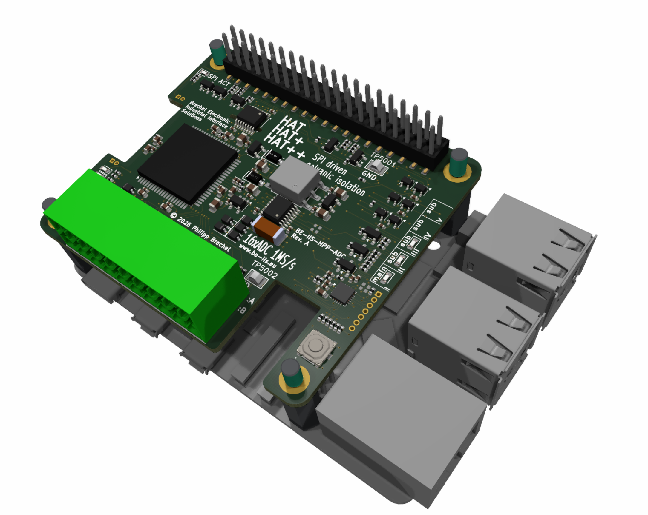 16-channel isolated ±10 V ADC HAT